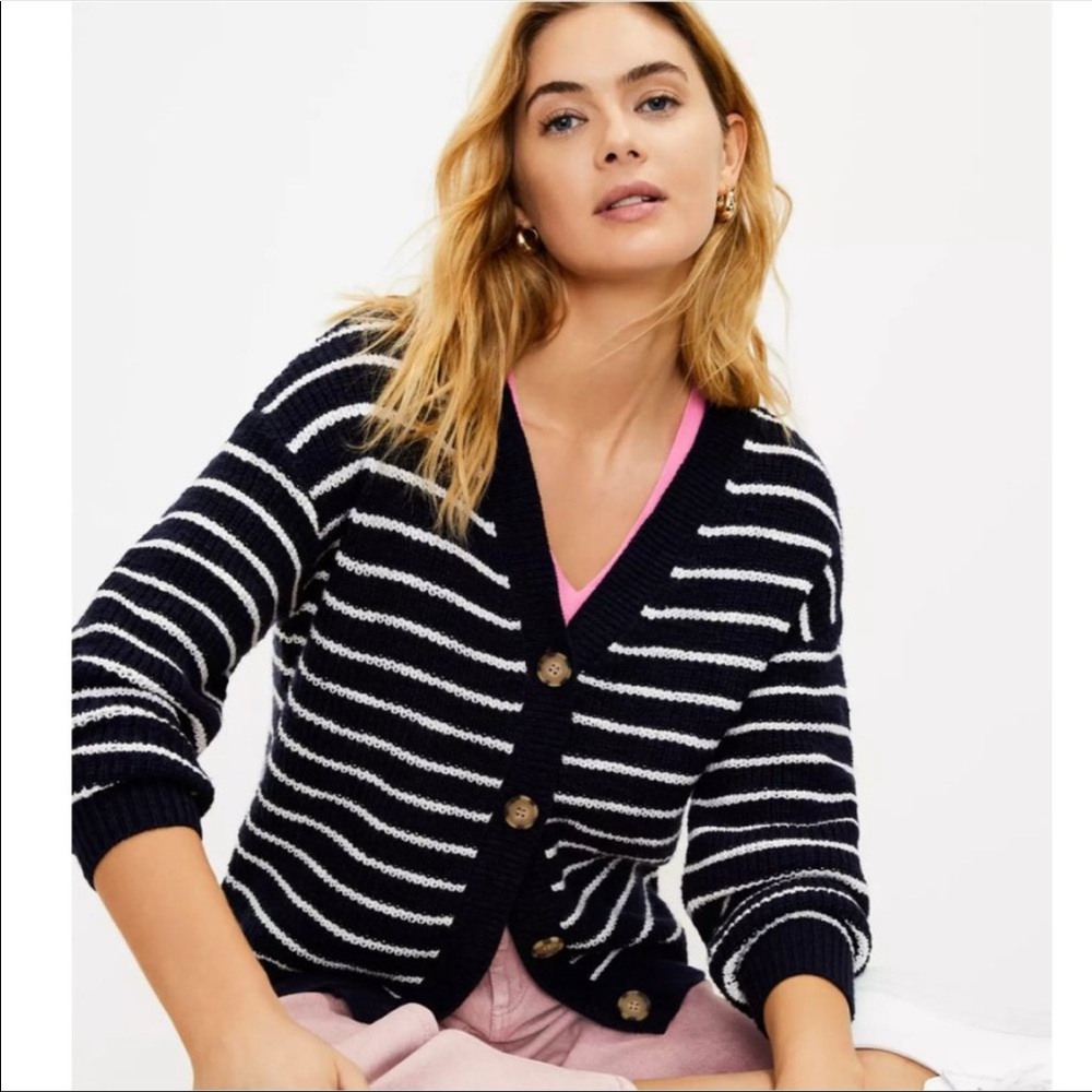 LOFT Navy & White Stripe Striped Cardigan Sweater